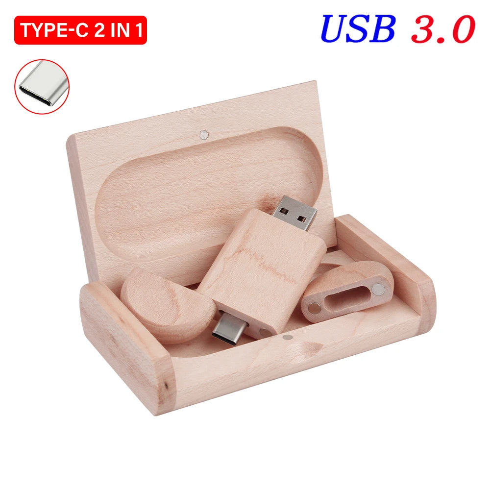 Maple wood  with box Color Wooden USB 3.0 Type‑C Flash Drive – Custom Logo Gift