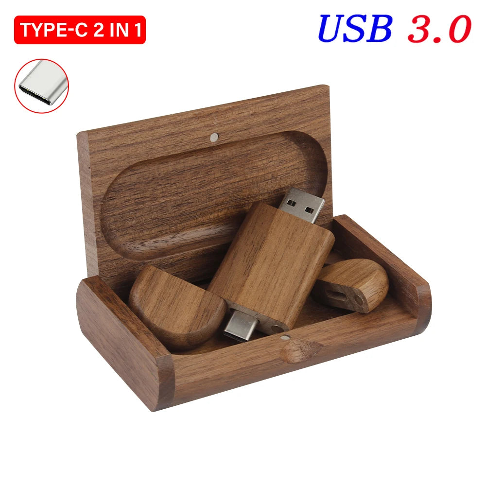 Walnut wood with box Color Wooden USB 3.0 Type-C Flash Drive – Custom Logo Gift