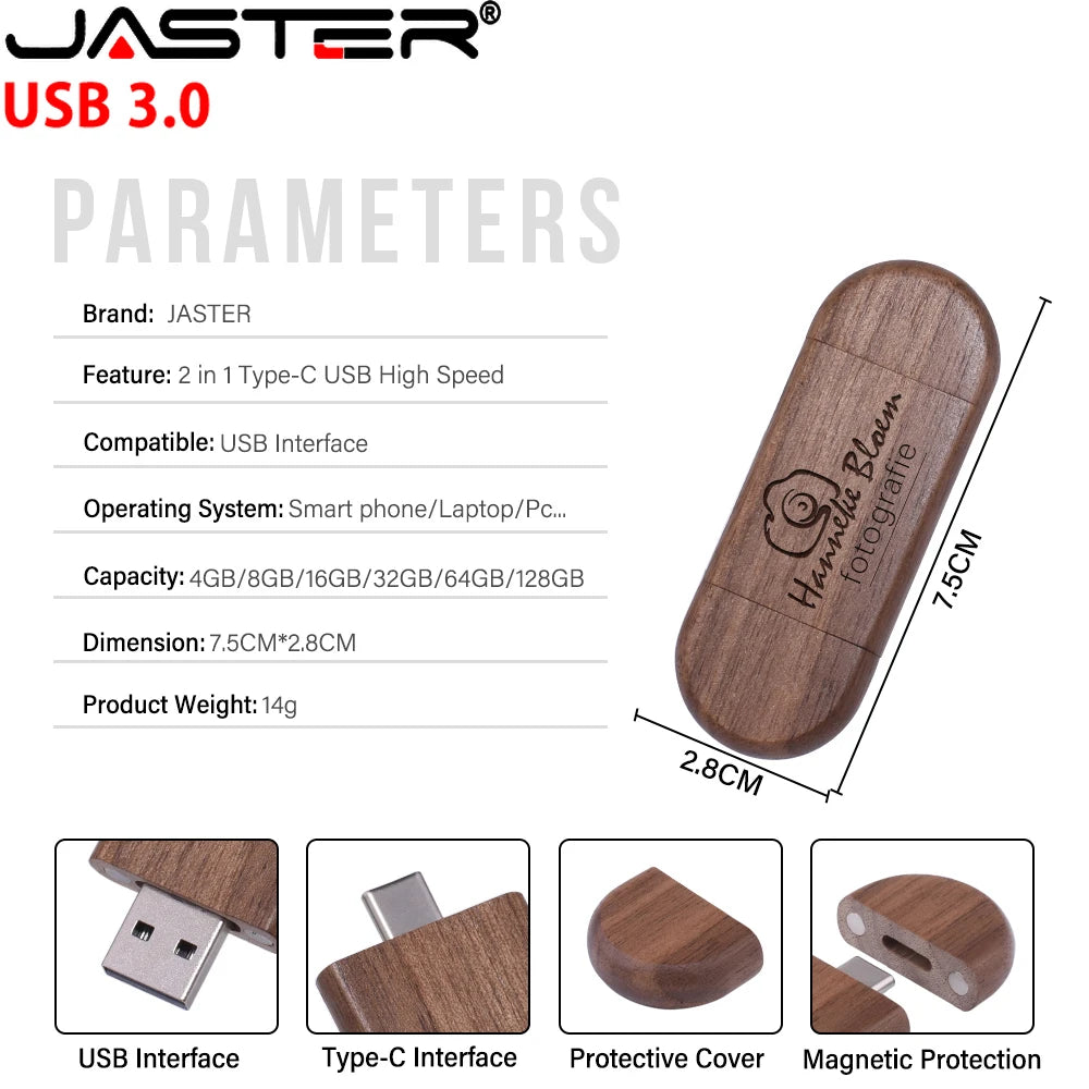 Wooden USB 3.0 Type-C Flash Drive – Custom Logo Gift